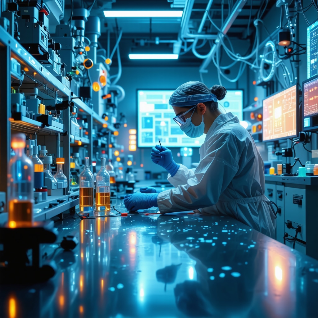 Futuristic medical diagnostics with genomics and AI analysis in a high-tech laboratory