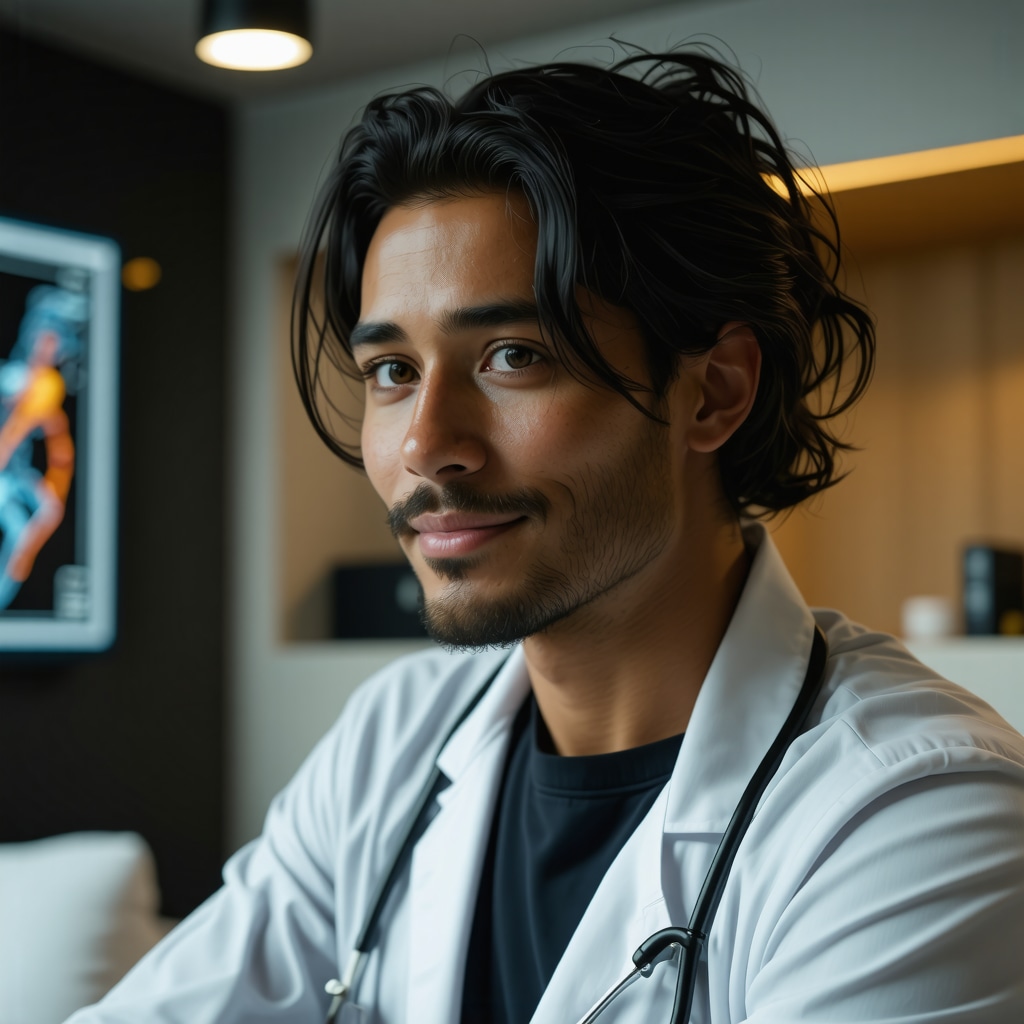 Futuristic medical consultation involving genetic testing, wearable health devices, and personalized medication plans