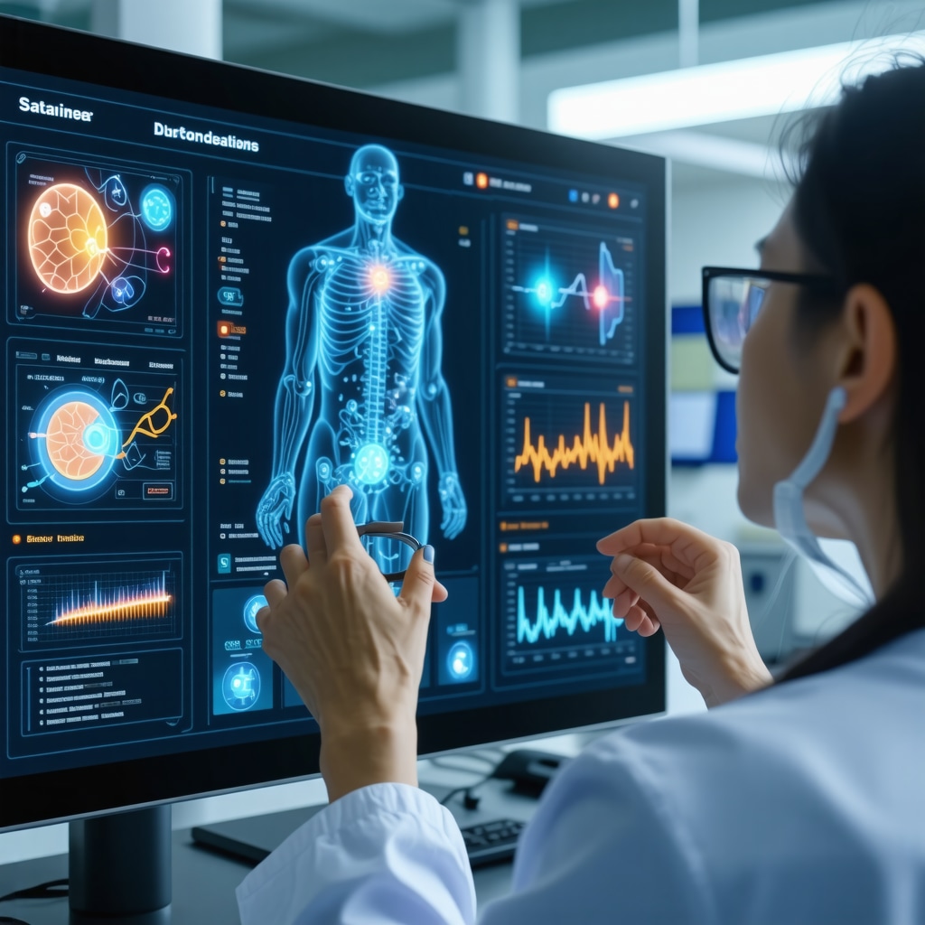 Futuristic telemedicine platform showing personalized health metrics and genetic profiles