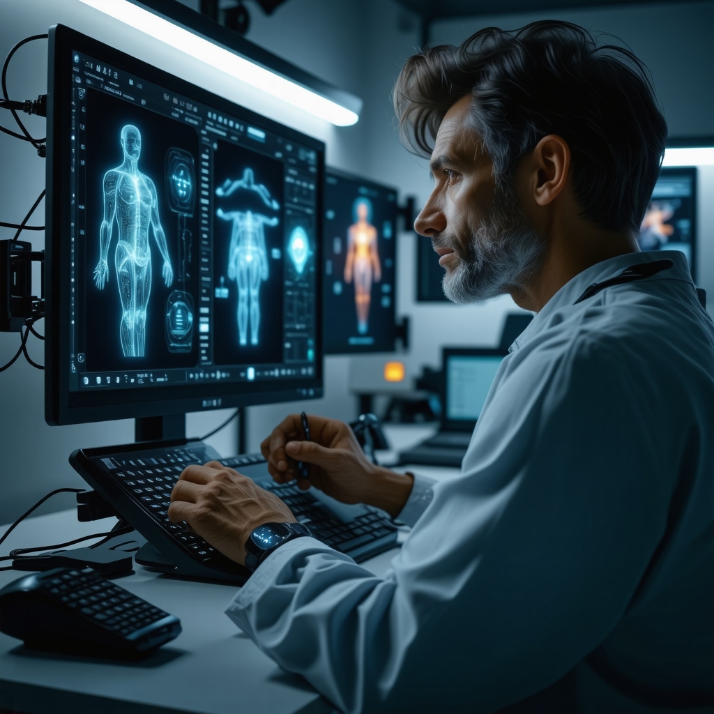Futuristic telemedicine setup with health monitoring devices and AI interface