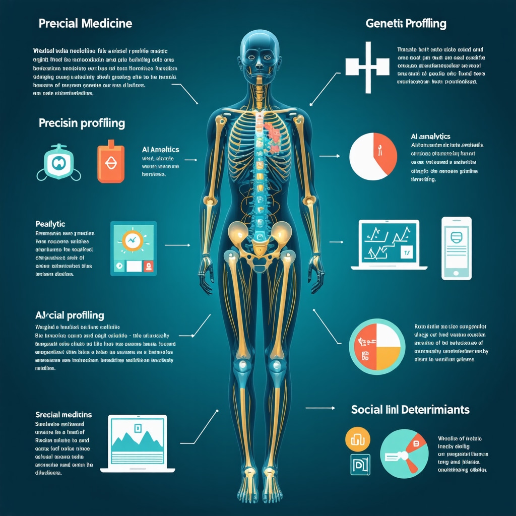 Infographic showing precision medicine, AI, genetic data, and social factors integrated in weight loss