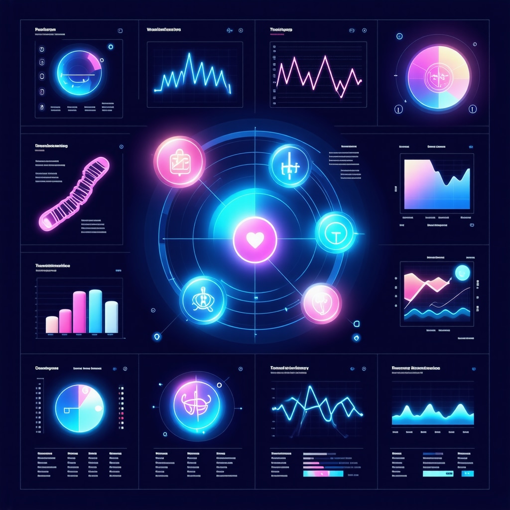 Futuristic digital health dashboard displaying genetic and wearable device data with telemedicine consultation icons