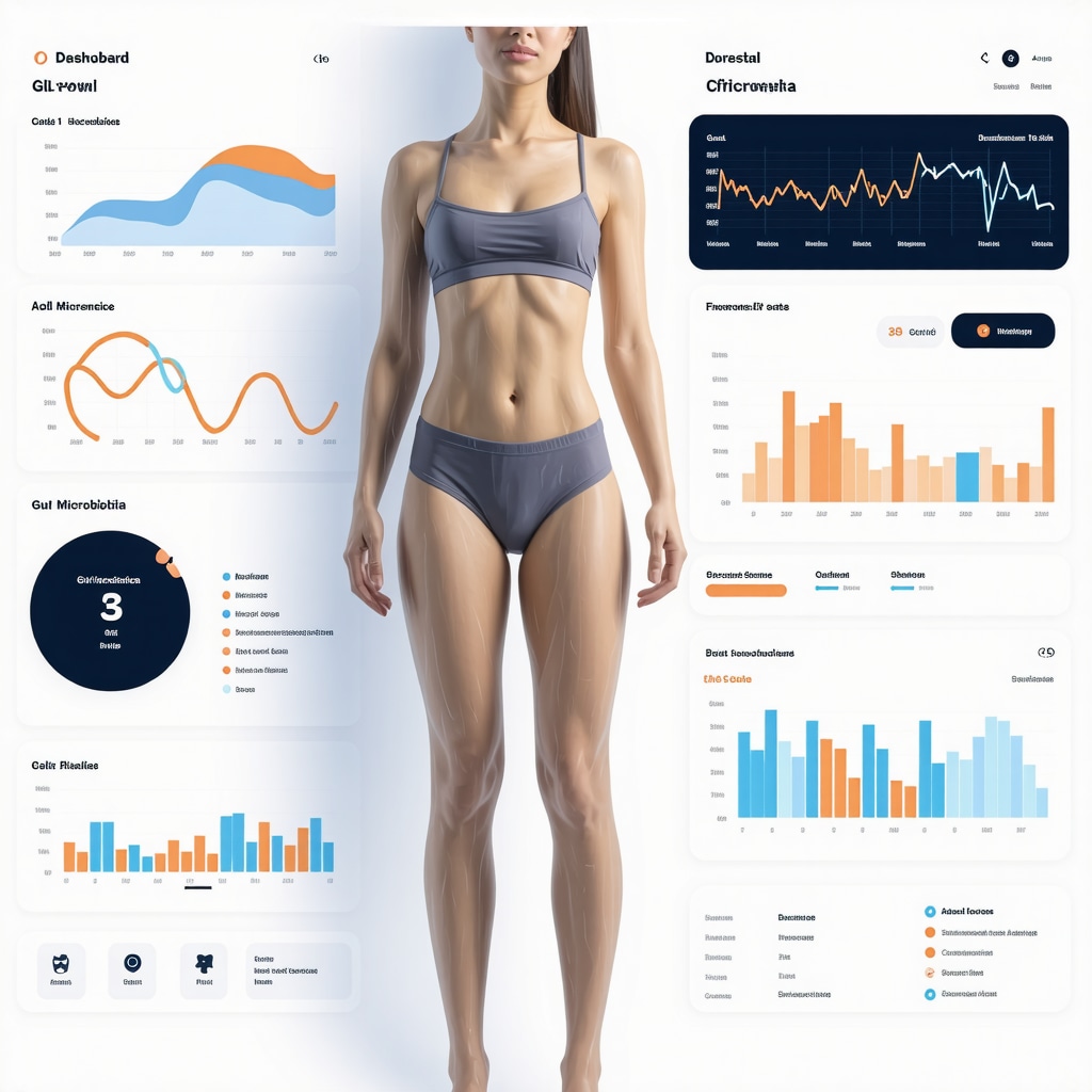 Digital health dashboard showing genomic data, adherence tracking, and gut microbiota profiles for GLP-1 medication personalization