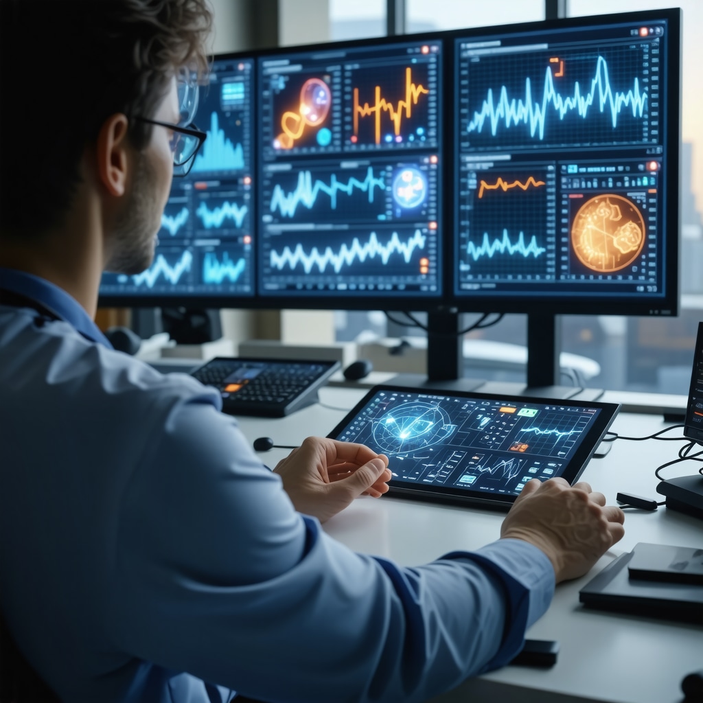 Medical professional analyzing patient genomic and wearable biosensor data for customized weight loss plan