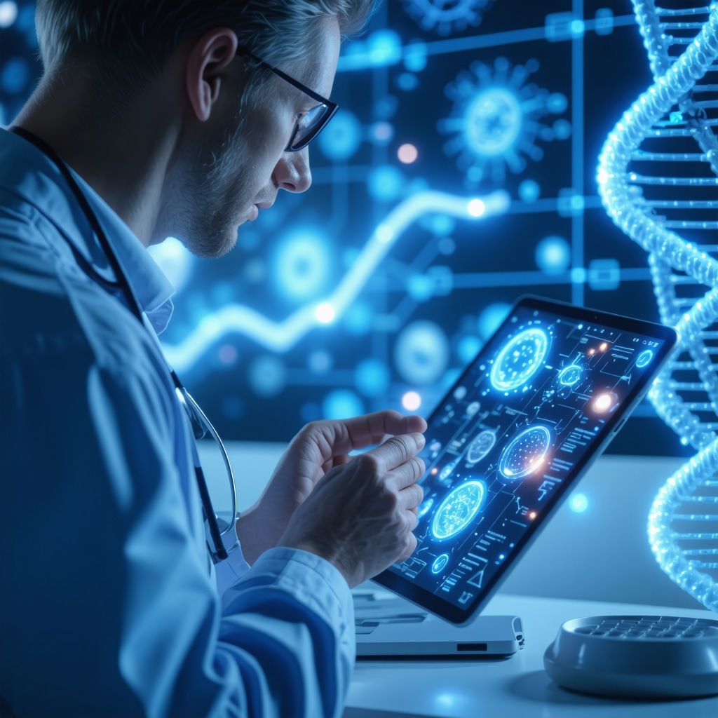 Doctor analyzing patient's genetic and metabolic data with AI software for customized fat loss plan