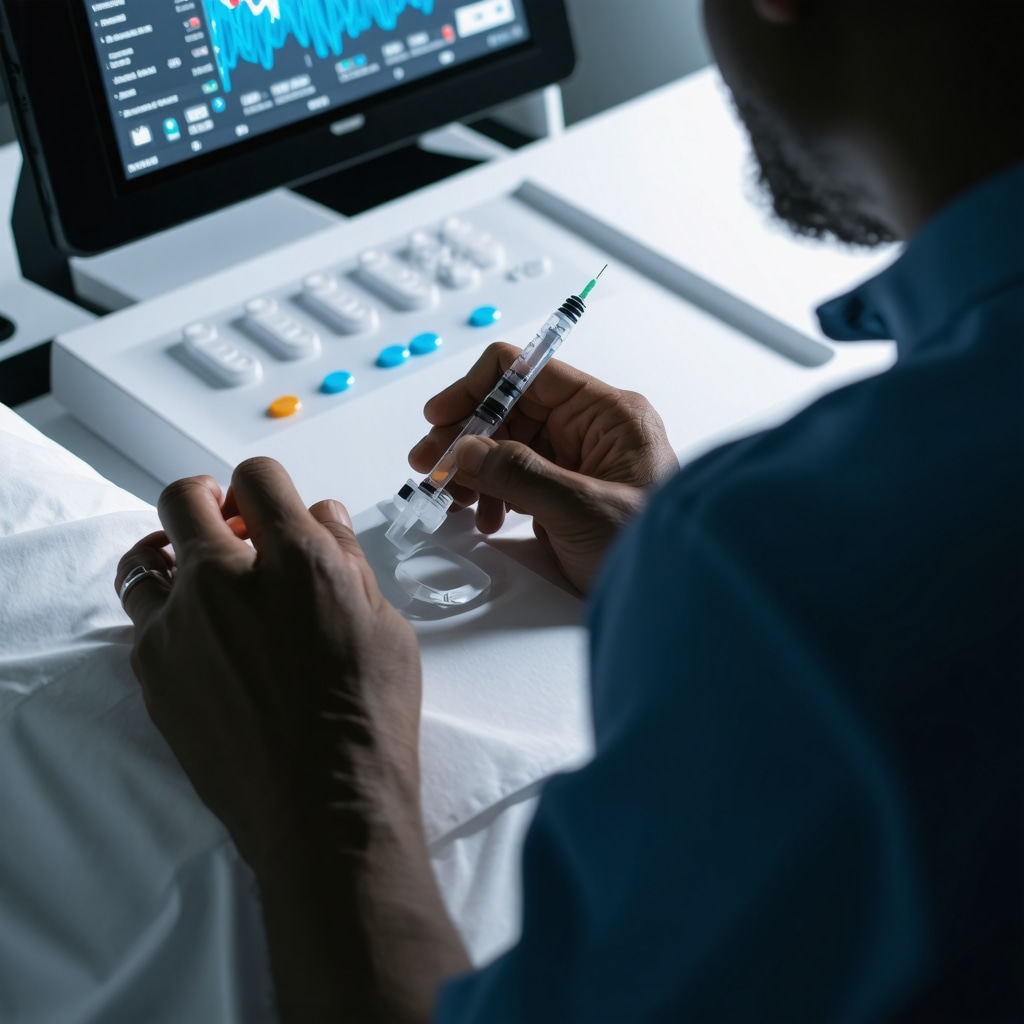 Patient using digital health devices with injectable treatments in a modern clinic setting.