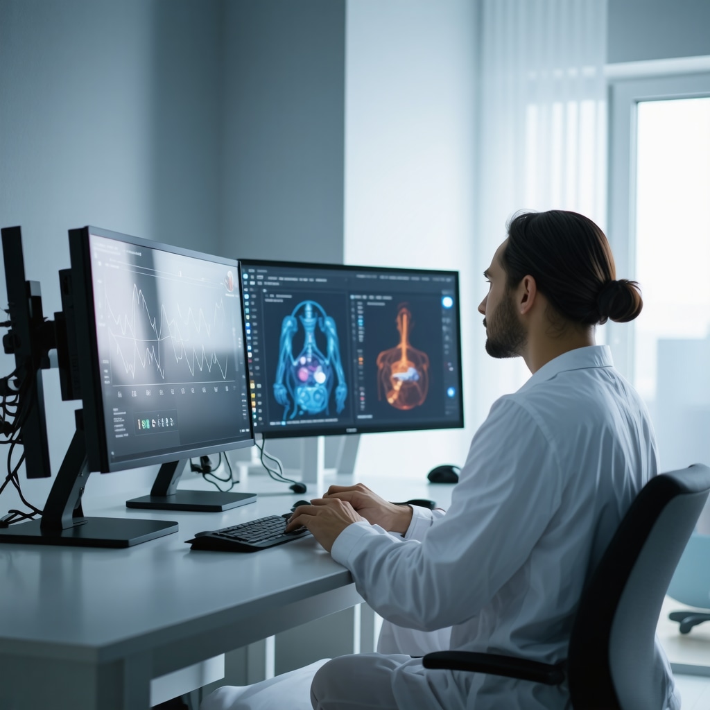 A patient engaged in telemedicine with genetic testing kits and wearable health devices for personalized weight management.
