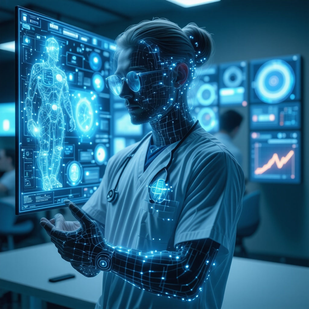 Futuristic digital health interface showing wearable devices, genetic data, and AI analytics for weight loss