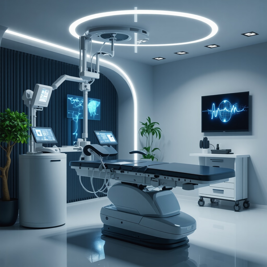 Futuristic clinic with digital health tools for personalized weight loss treatments.