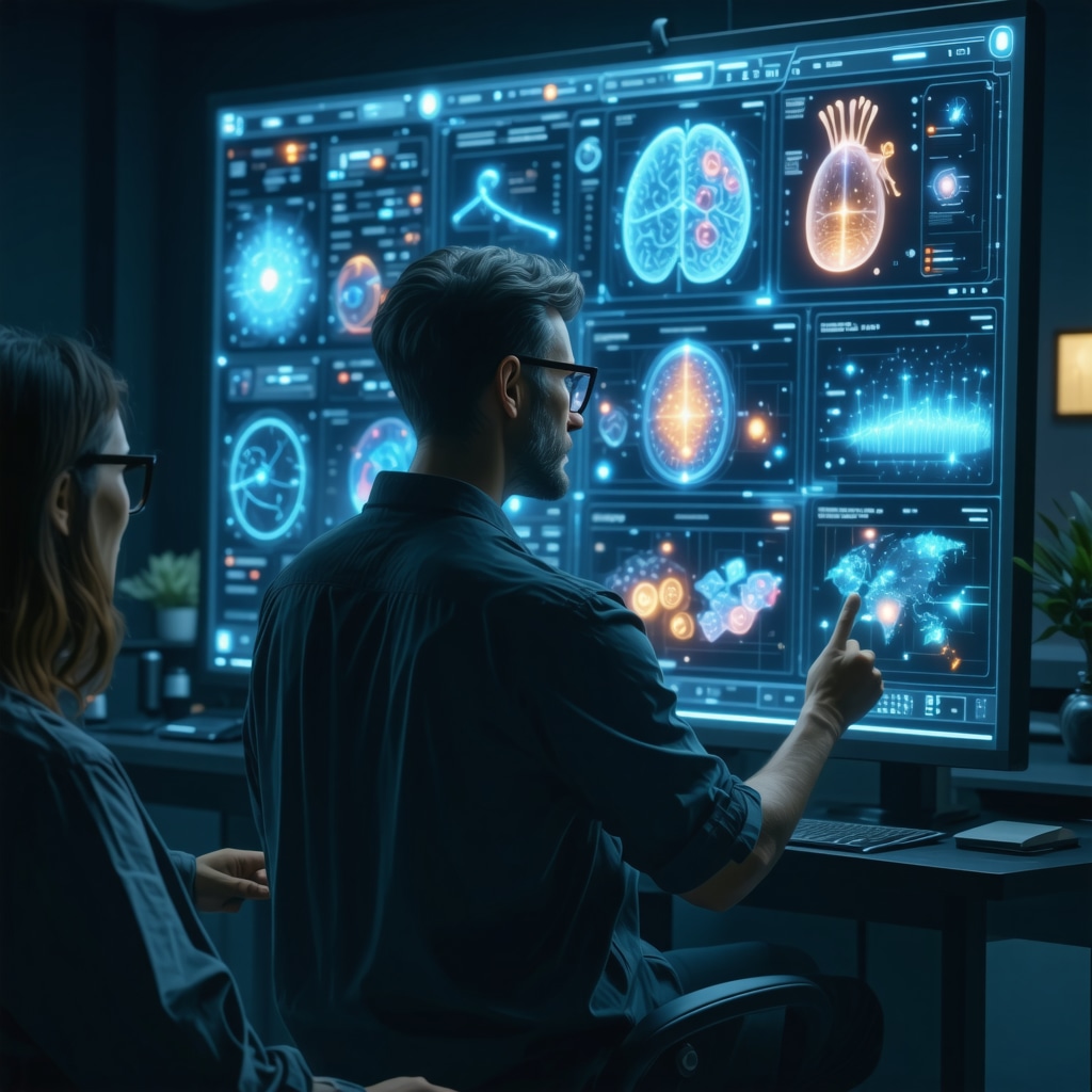 Patient interacting with AI-driven personalized weight loss management system displaying genomic and biometric data