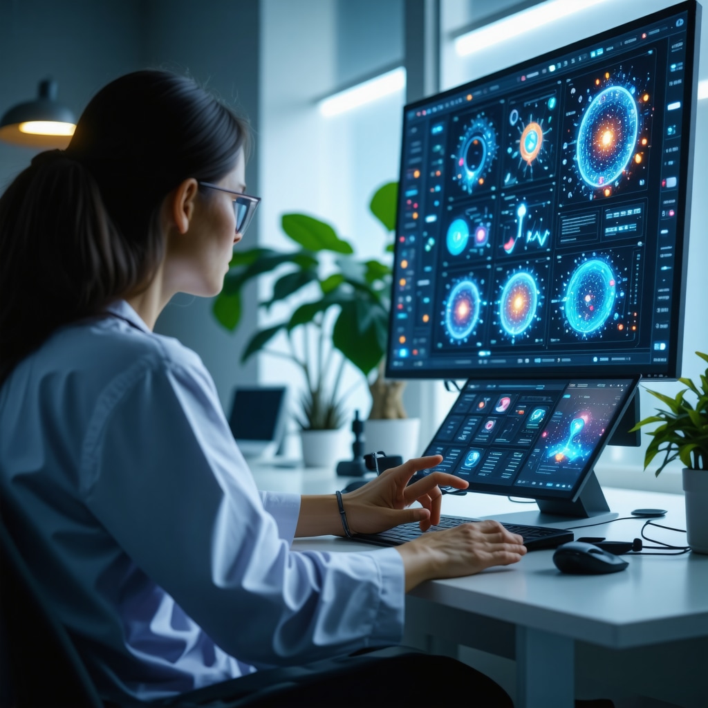Doctor and patient reviewing genomic and AI data on transparent digital screens for personalized weight loss therapy