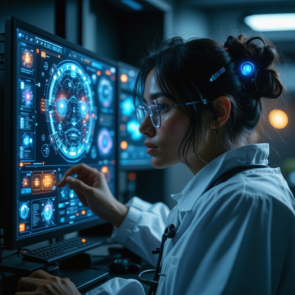 High-tech telemedicine consultation with AI and biometric sensors in a futuristic clinical setting