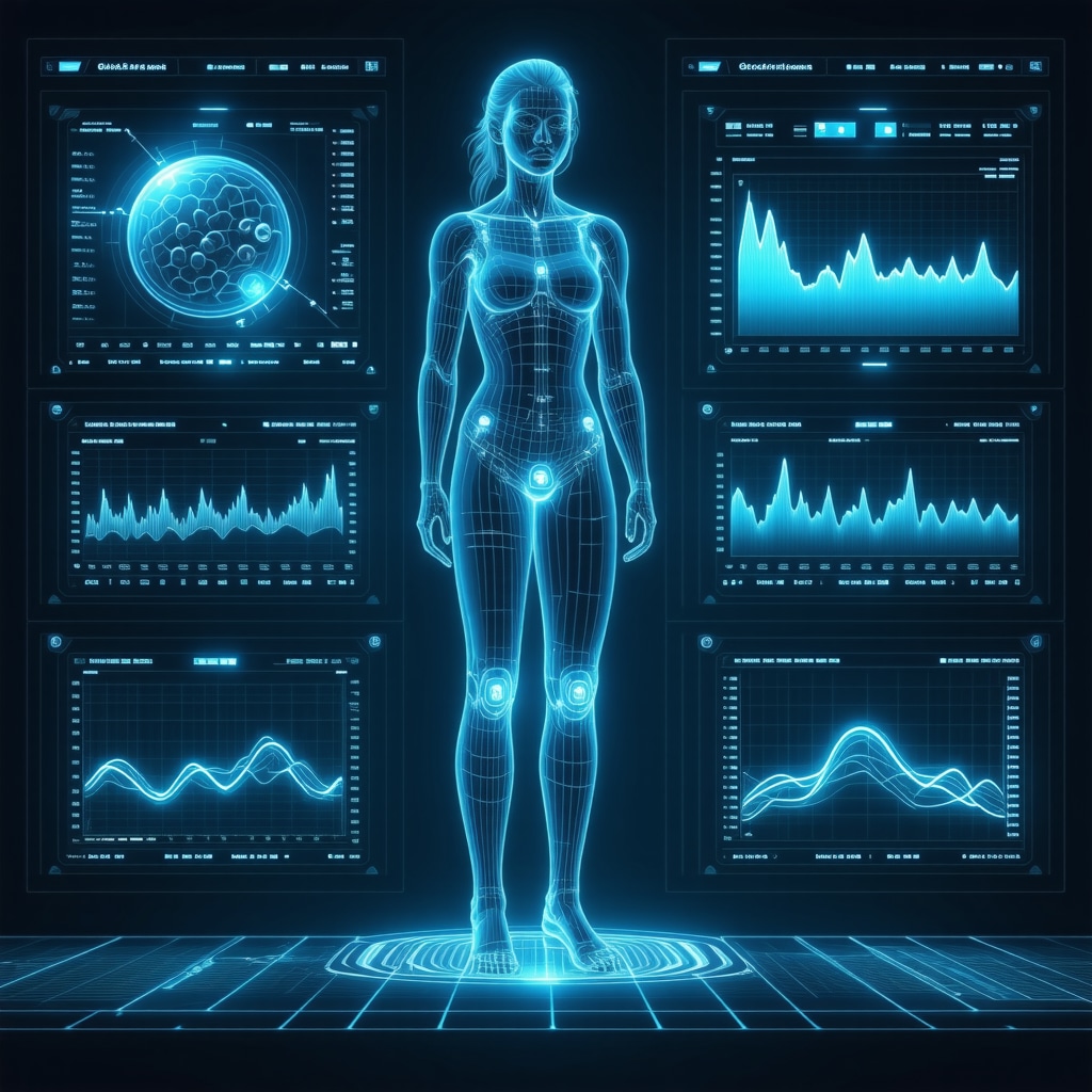 Futuristic interface showing genetic data, wearable biosensors, and AI analytics for weight loss drug qualification
