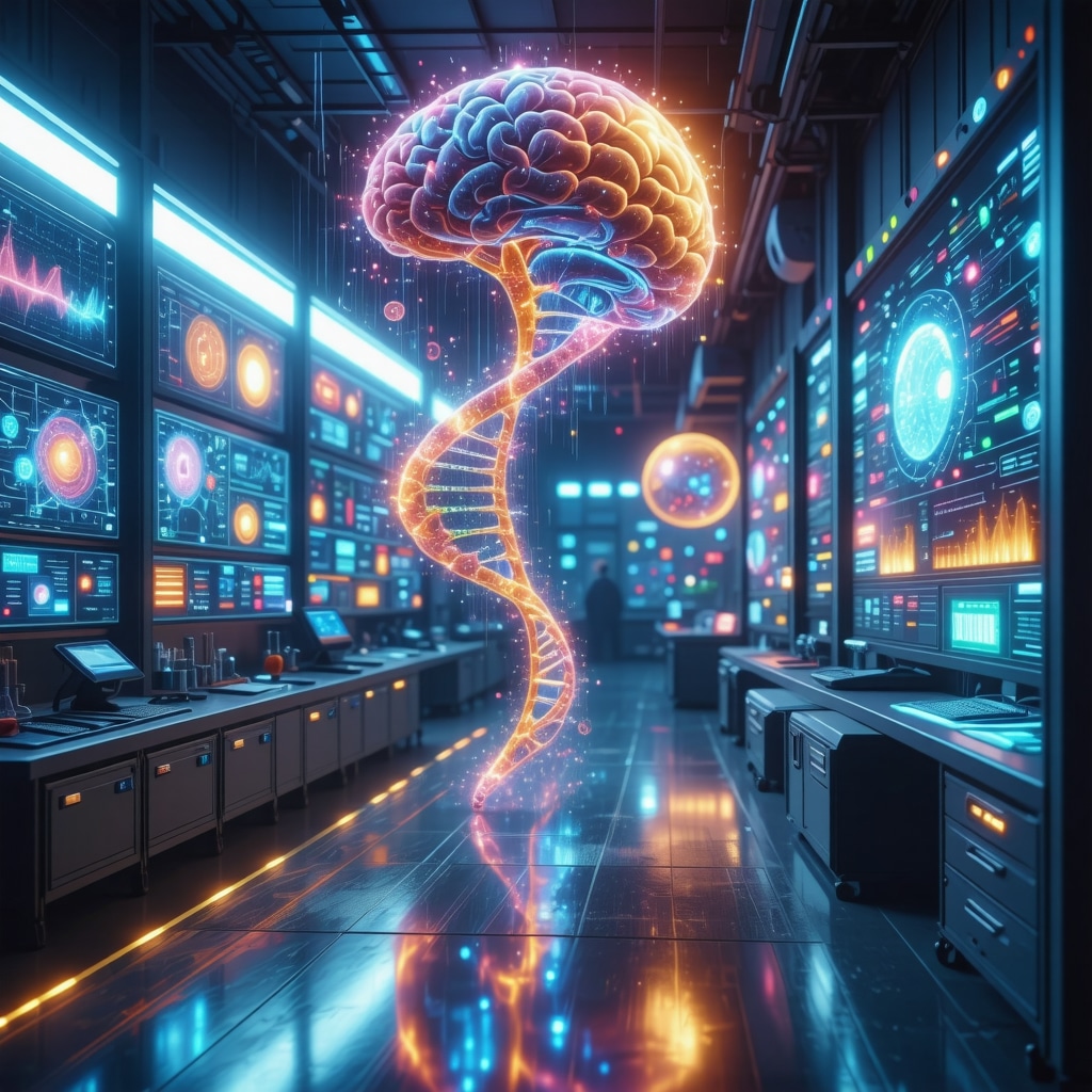 Futuristic genetic testing and AI analytics in personalized weight loss, high-tech laboratory and digital interfaces