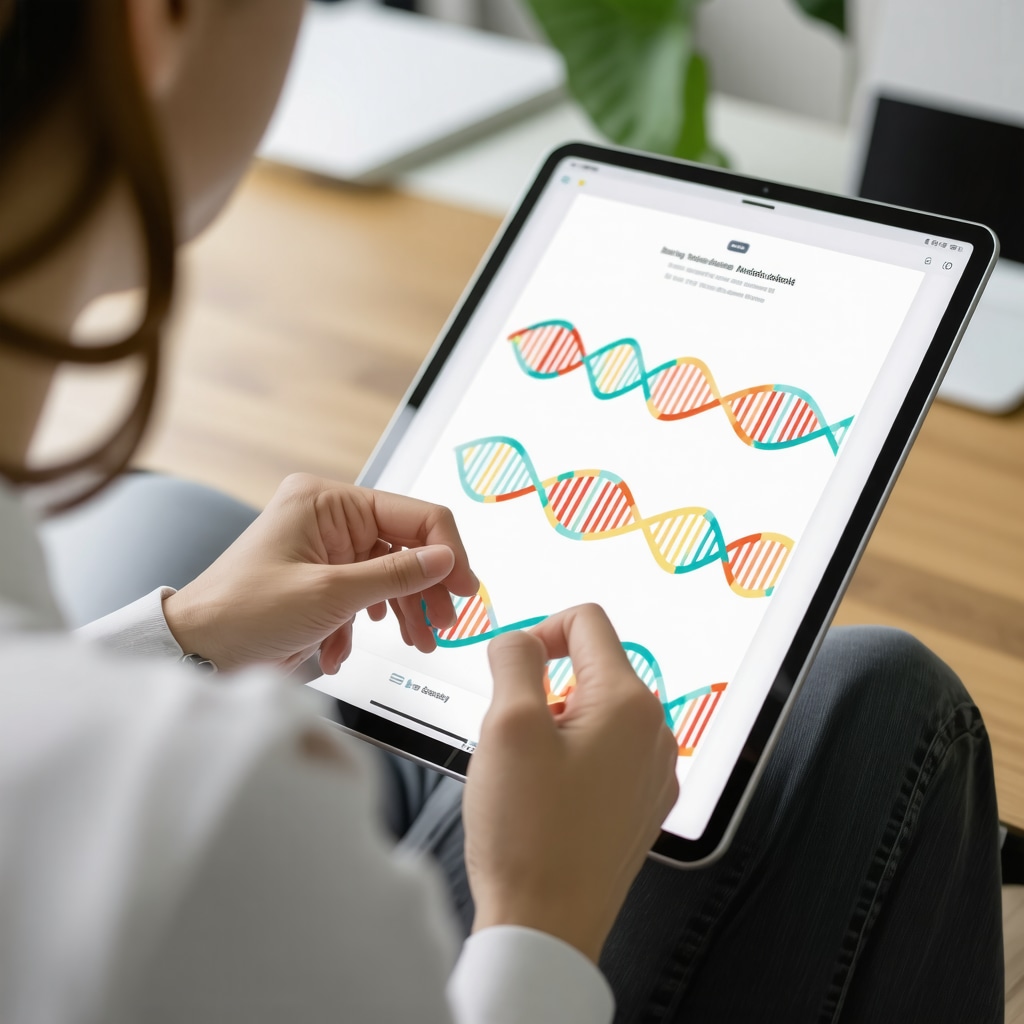 Person analyzing genetic information on a tablet for tailored weight management strategies.