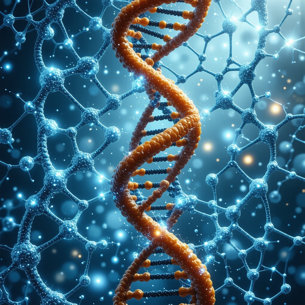 Illustration of DNA strands and metabolic pathways representing personalized medicine in weight management.