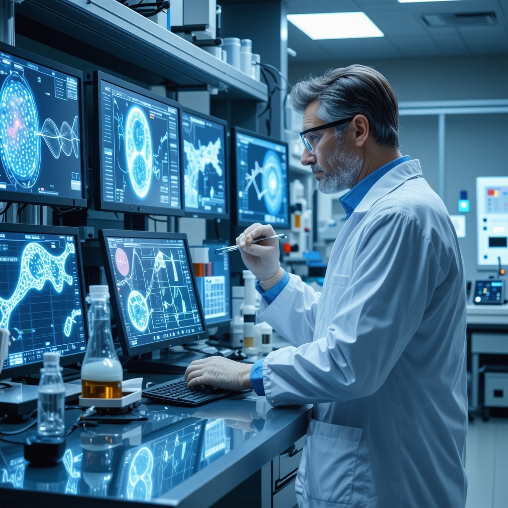 Futuristic laboratory with scientists analyzing genomic and metabolomic data for personalized obesity treatment