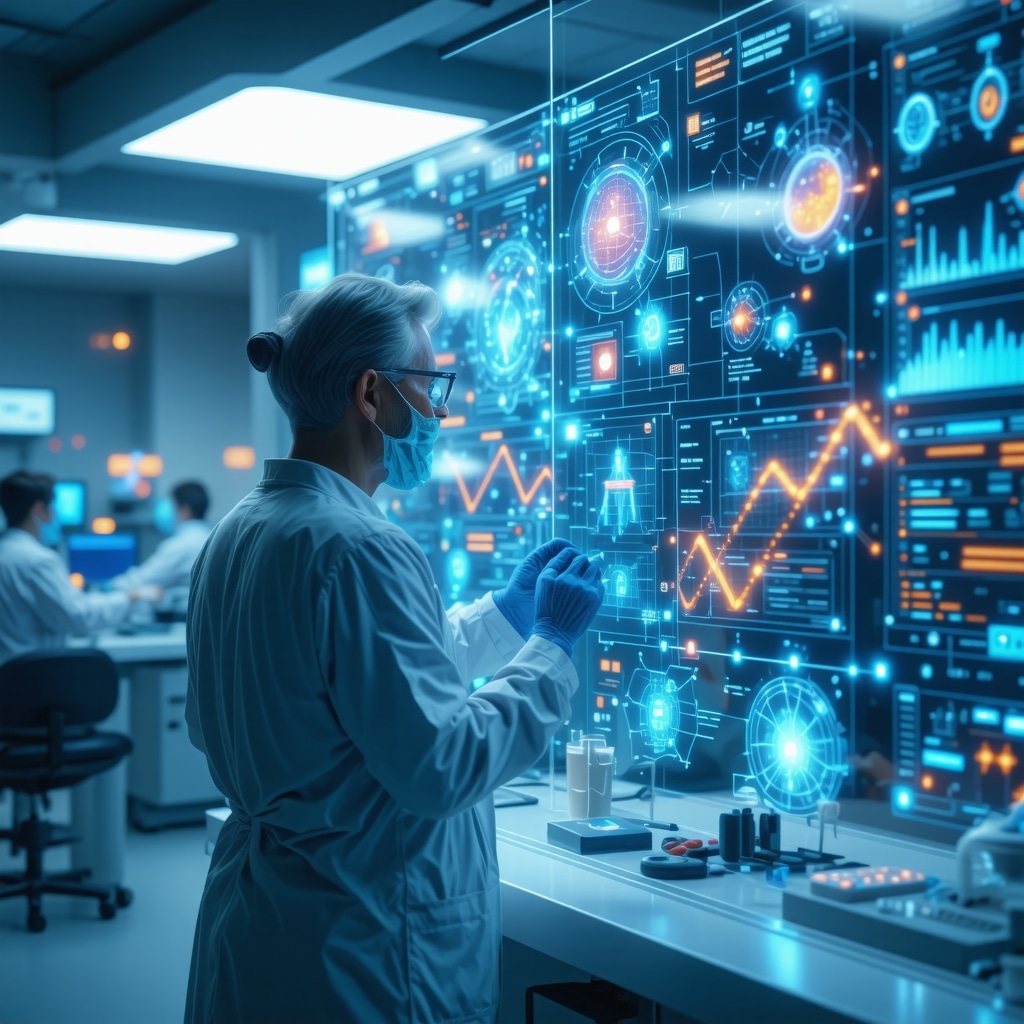 Doctor interacting with digital displays showing genetic and AI data for personalized obesity treatment
