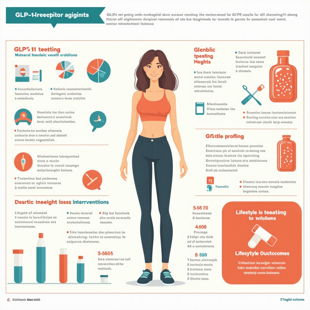 Infographic depicting GLP-1 medication personalized treatment plan combining genetics, metabolism, and lifestyle