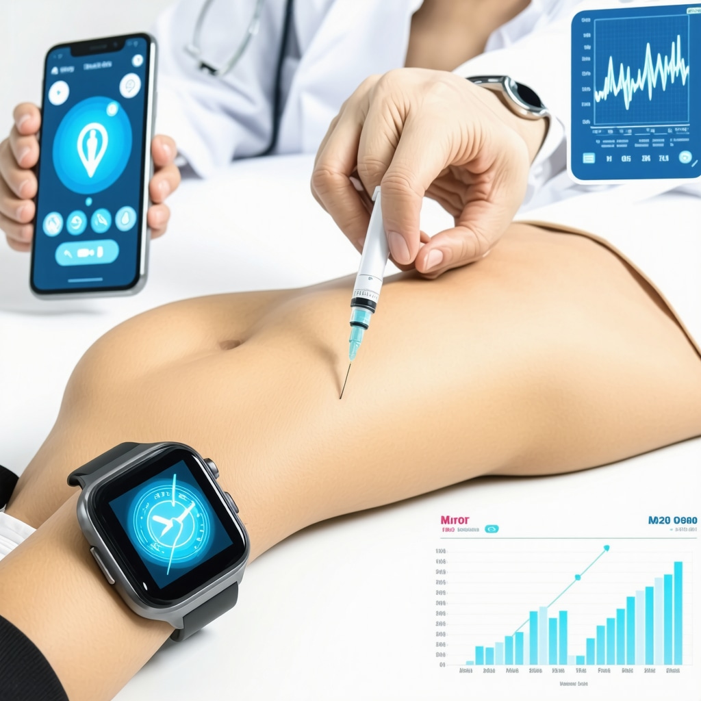Graphic showing a patient using injectable weight loss medication alongside digital health monitoring devices and mobile applications