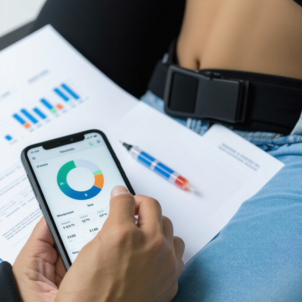 Person monitoring weight loss progress using wearable device and smartphone app alongside injectable therapy tools