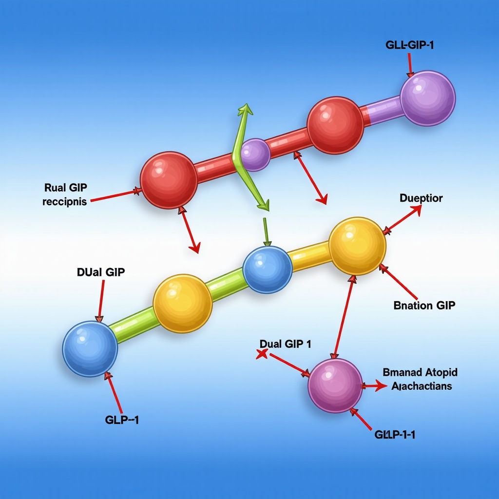 Medical illustration showing how GLP-1 and GIP receptors are targeted in weight loss treatments.