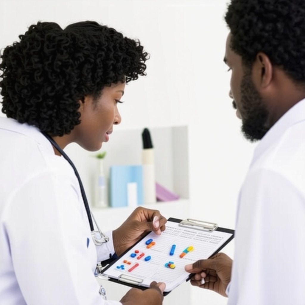 Doctor discussing weight loss strategies with patient using charts and medication models.