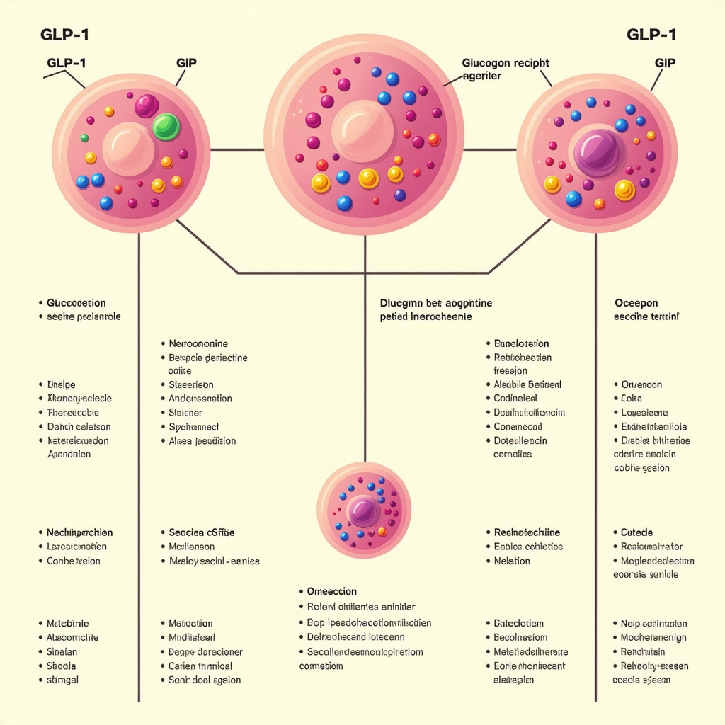 Infographic showing molecular signaling pathways of GLP-1, GIP, and glucagon receptor agonists and their effects on metabolism and neuroendocrine regulation
