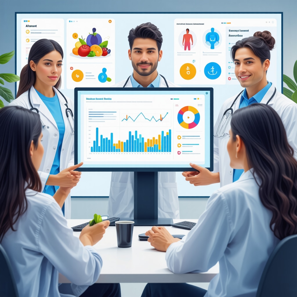 Virtual multidisciplinary healthcare team collaborating with patient via telemedicine platform using AI analytics for weight loss treatment