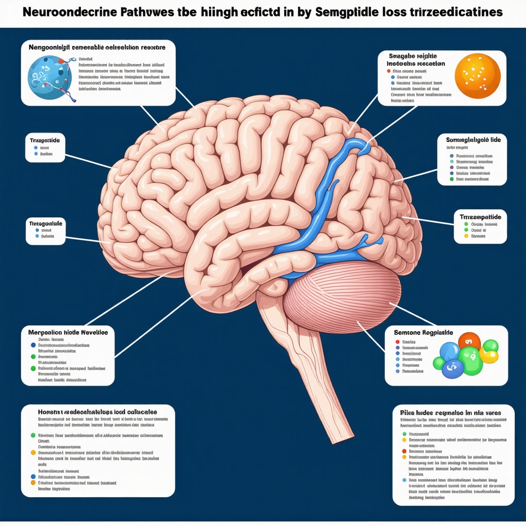 Infographic showing brain mechanisms targeted by injectable weight loss medications