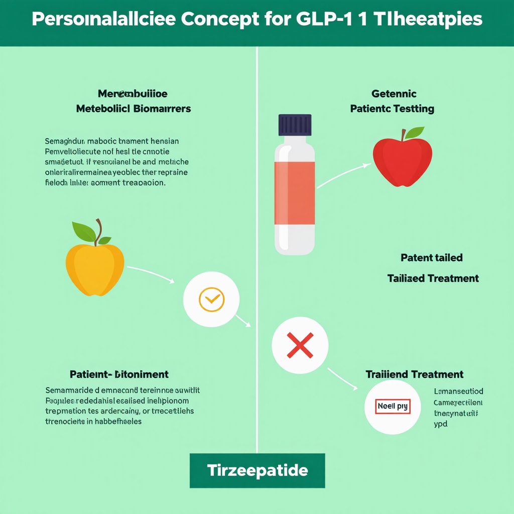 Infographic depicting personalized medicine and biomarker-guided GLP-1 therapy selection for Semaglutide and Tirzepatide