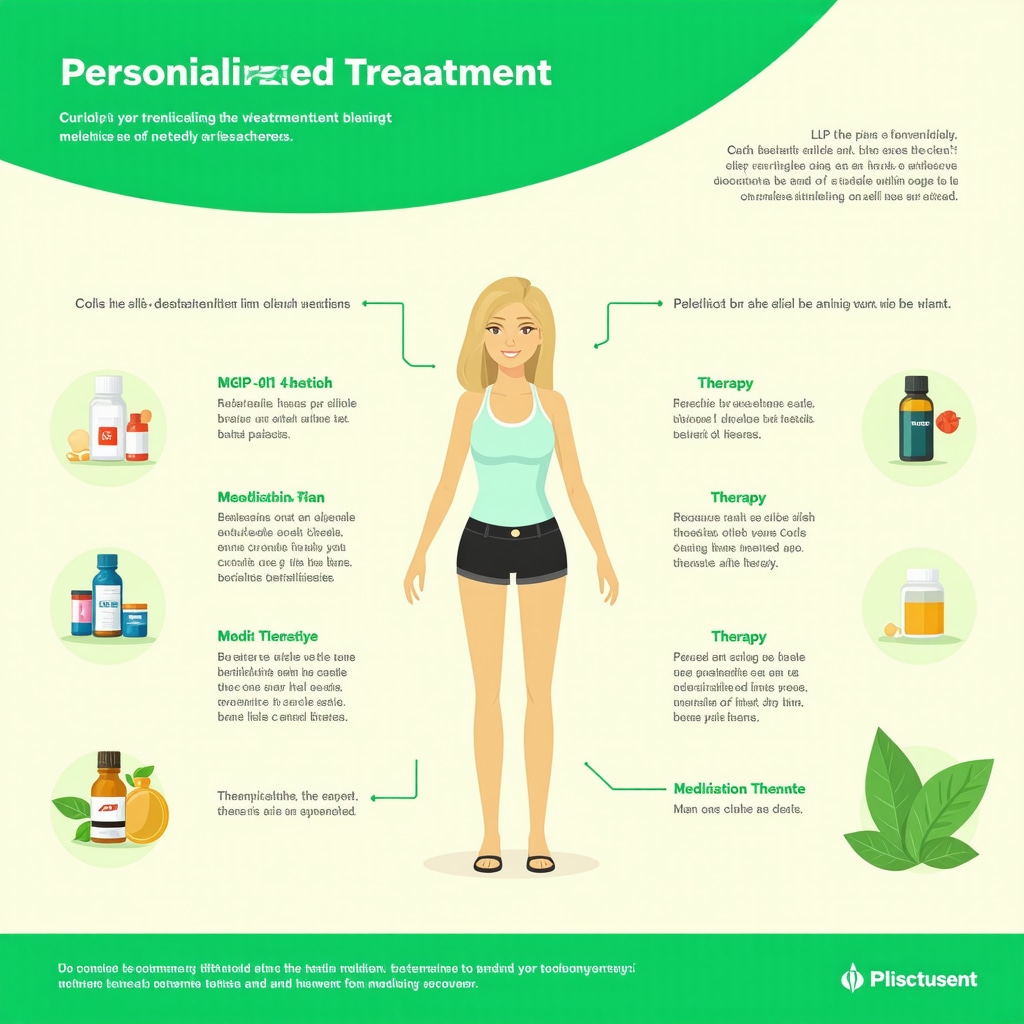 Infographic showing tailored weight loss approaches with medication, therapy, and lifestyle adjustments.