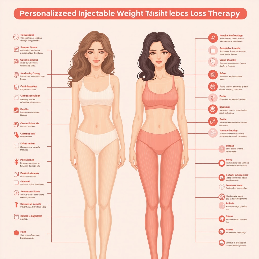 Infographic depicting genetic markers and metabolic pathways influencing personalized injectable weight loss therapy
