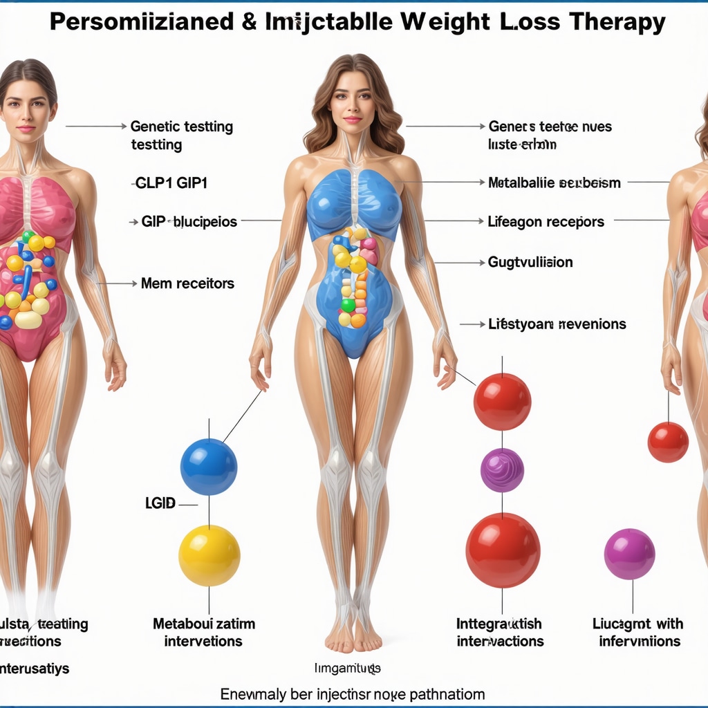 Infographic depicting personalized approaches to injectable weight loss therapies with genetic and metabolic factors