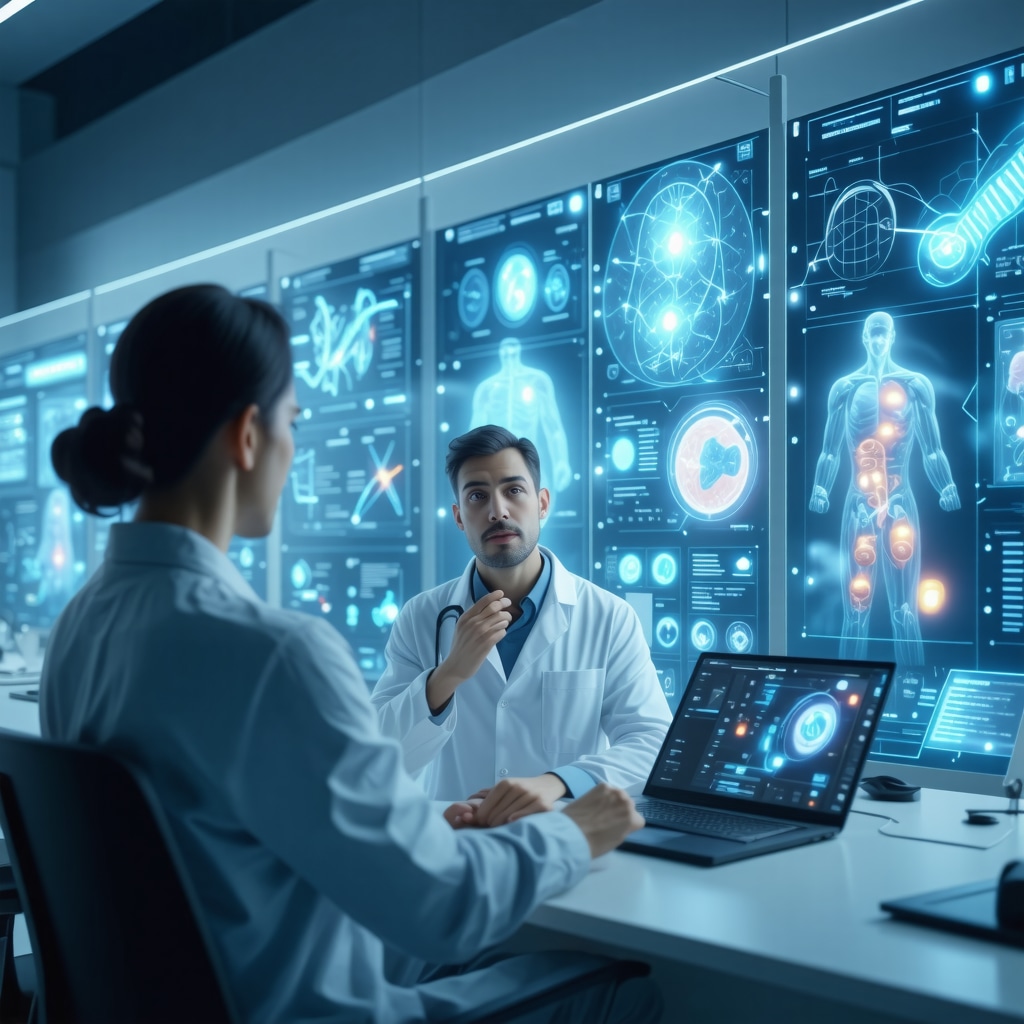 Patient and doctor consulting with digital genetic and metabolic data overlays for personalized weight loss therapy