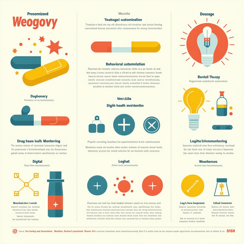Infographic showing personalized Wegovy treatment approaches with dosage adjustments, behavioral interventions, AI monitoring, and maintenance strategies
