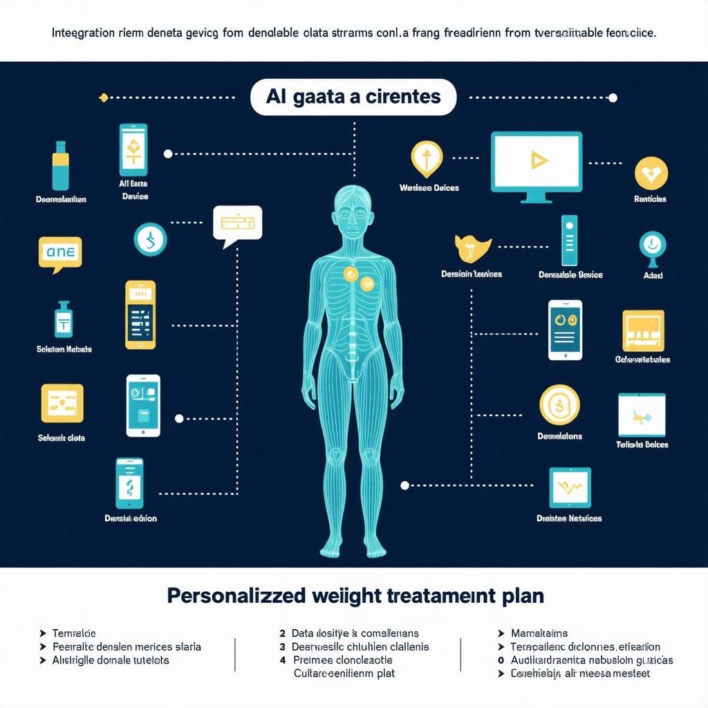 Illustration of genetics, AI data from wearables, and telemedicine forming a custom weight loss plan