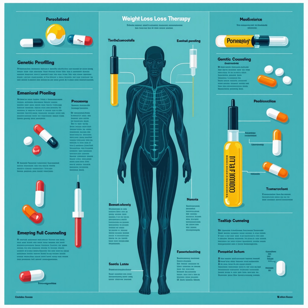Infographic showing personalized weight loss injection therapy with genetic analysis, behavioral science, and multi-agonist drugs
