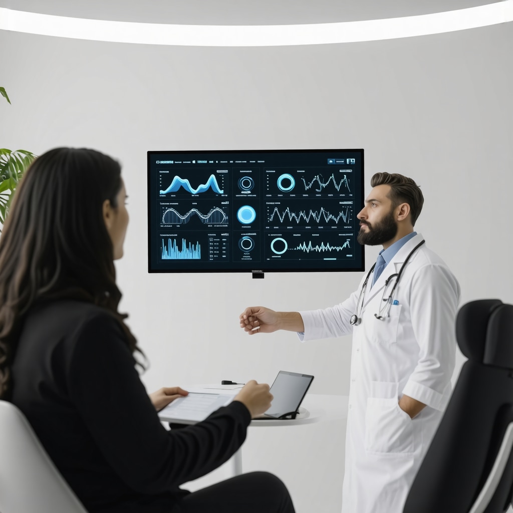 Doctor personalizing weight loss treatment using genetic and metabolic data on a digital screen in a modern clinic