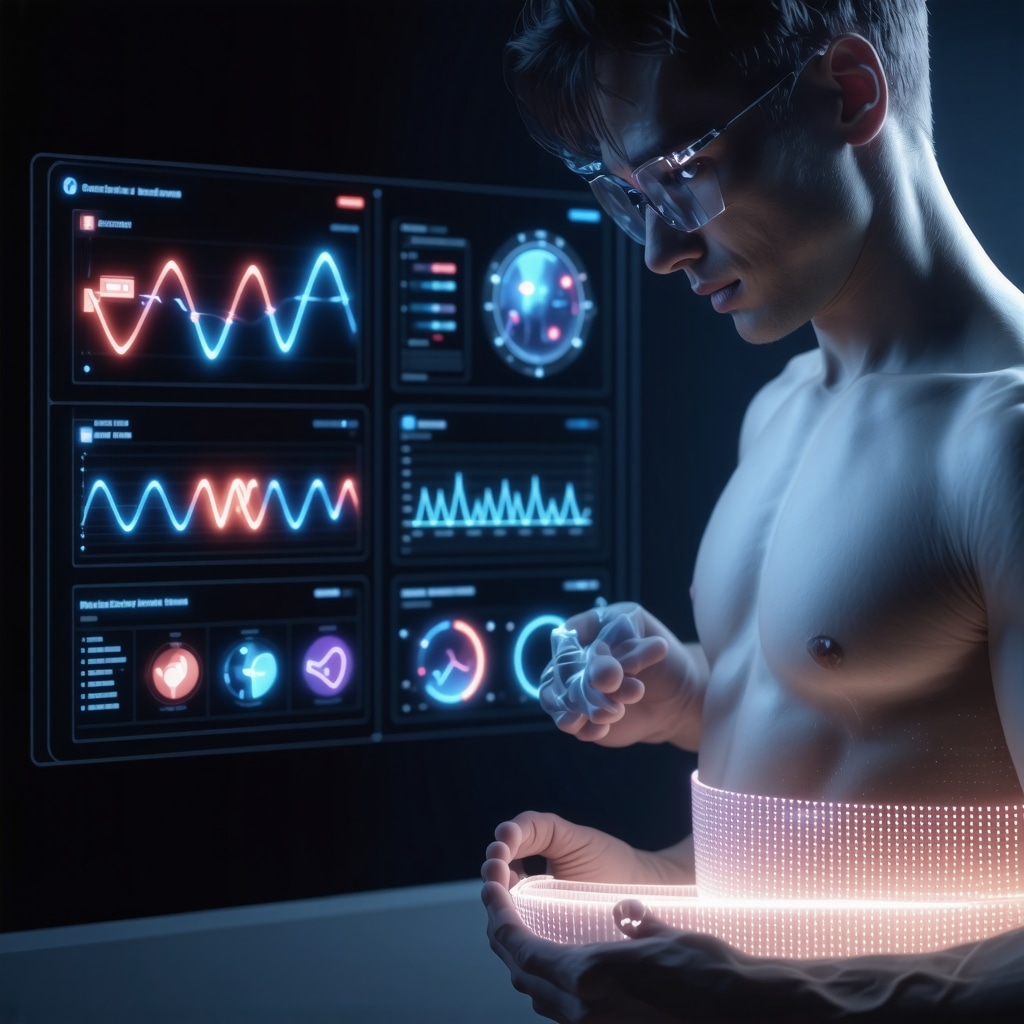 Futuristic health interface showing genetic data, wearable metrics, and microneedle patch application for weight loss