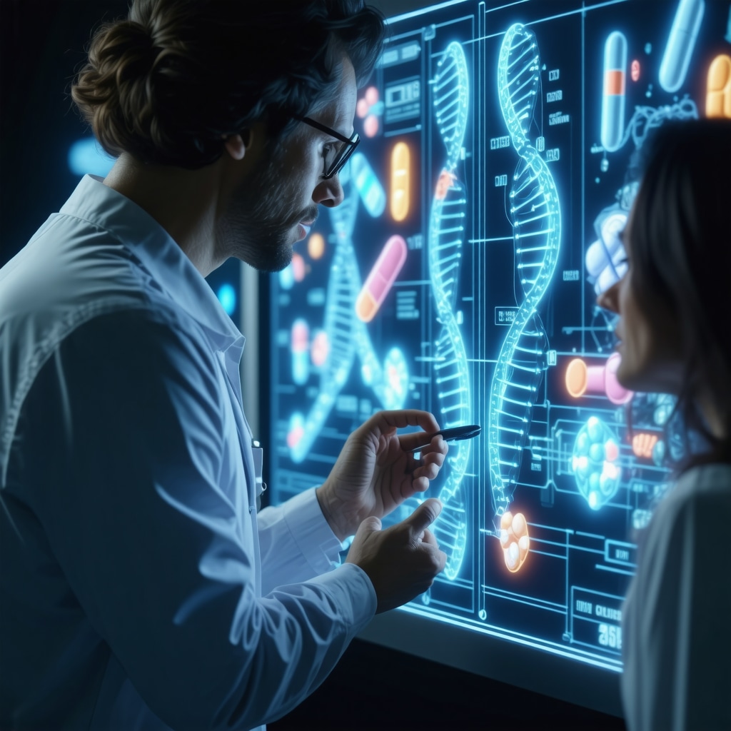 Patient consulting doctor digitally with DNA and medication icons representing personalized weight loss treatment