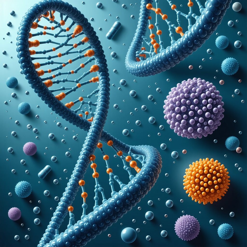 Illustration depicting DNA, GLP-1 molecules, gut microbiome, and futuristic drug delivery systems for weight loss