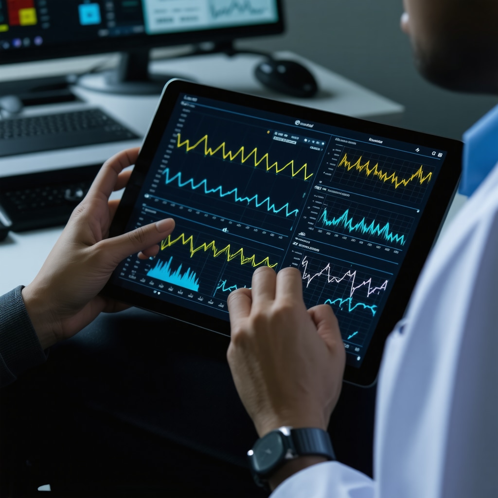 Clinician reviewing genomic data and remote patient monitoring charts on a tablet during telemedicine consultation
