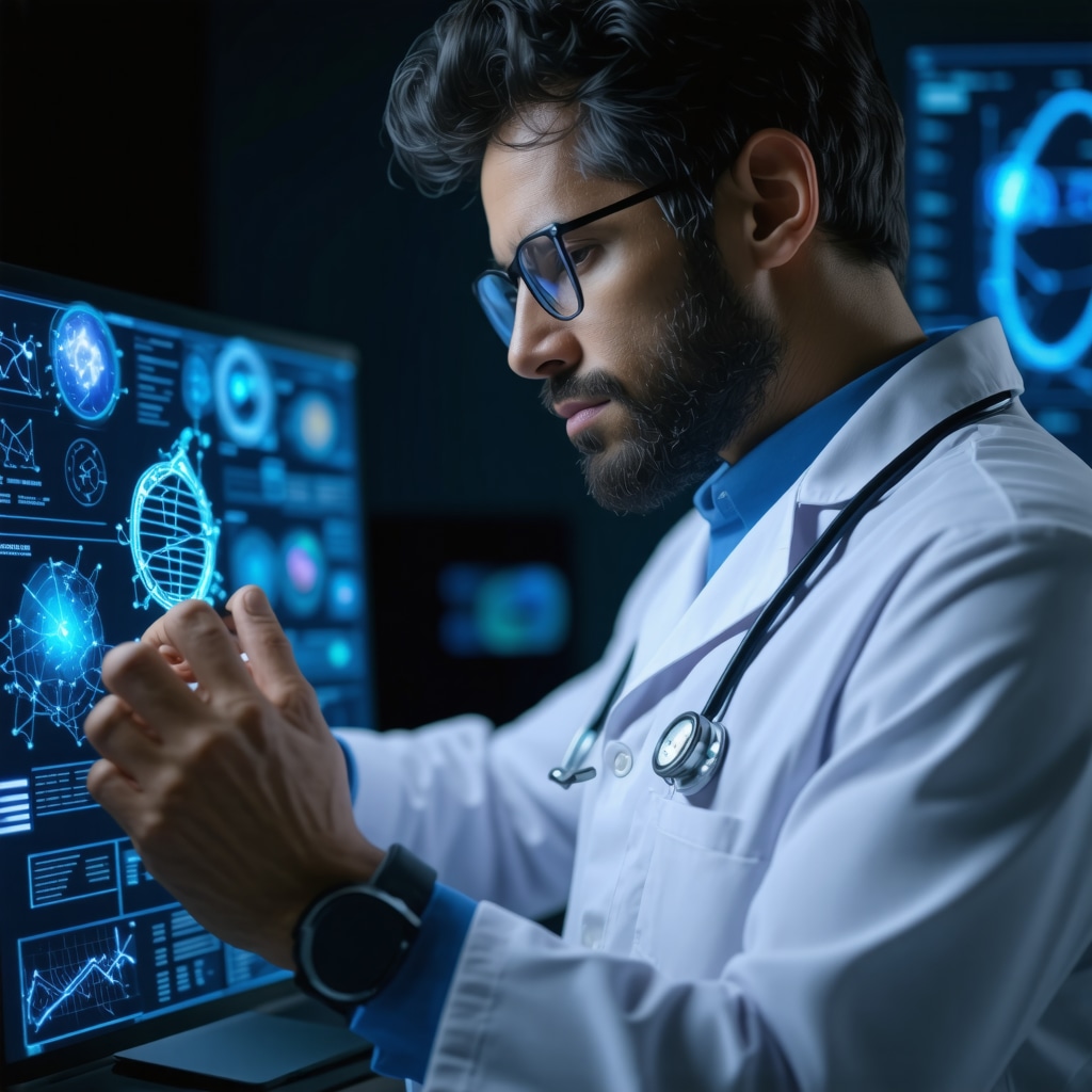 Doctor reviewing genetic and biometric data on a tablet with wearable devices nearby
