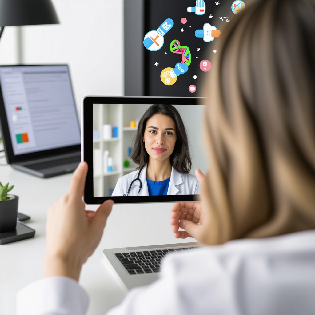 Doctor and patient in a virtual consultation discussing personalized weight loss drug options with digital health icons
