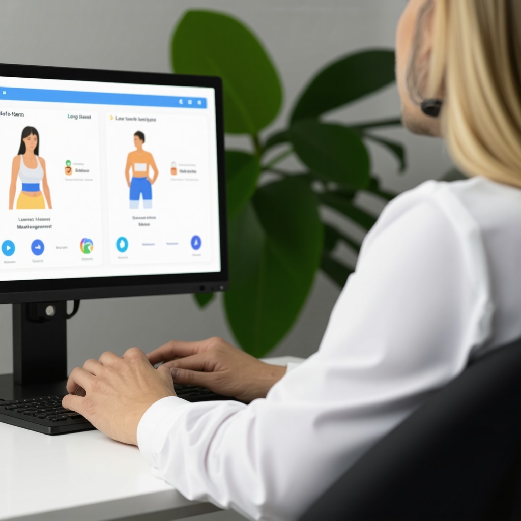 Person having a virtual consultation with a doctor about injectable weight loss treatments, with health data on screen.