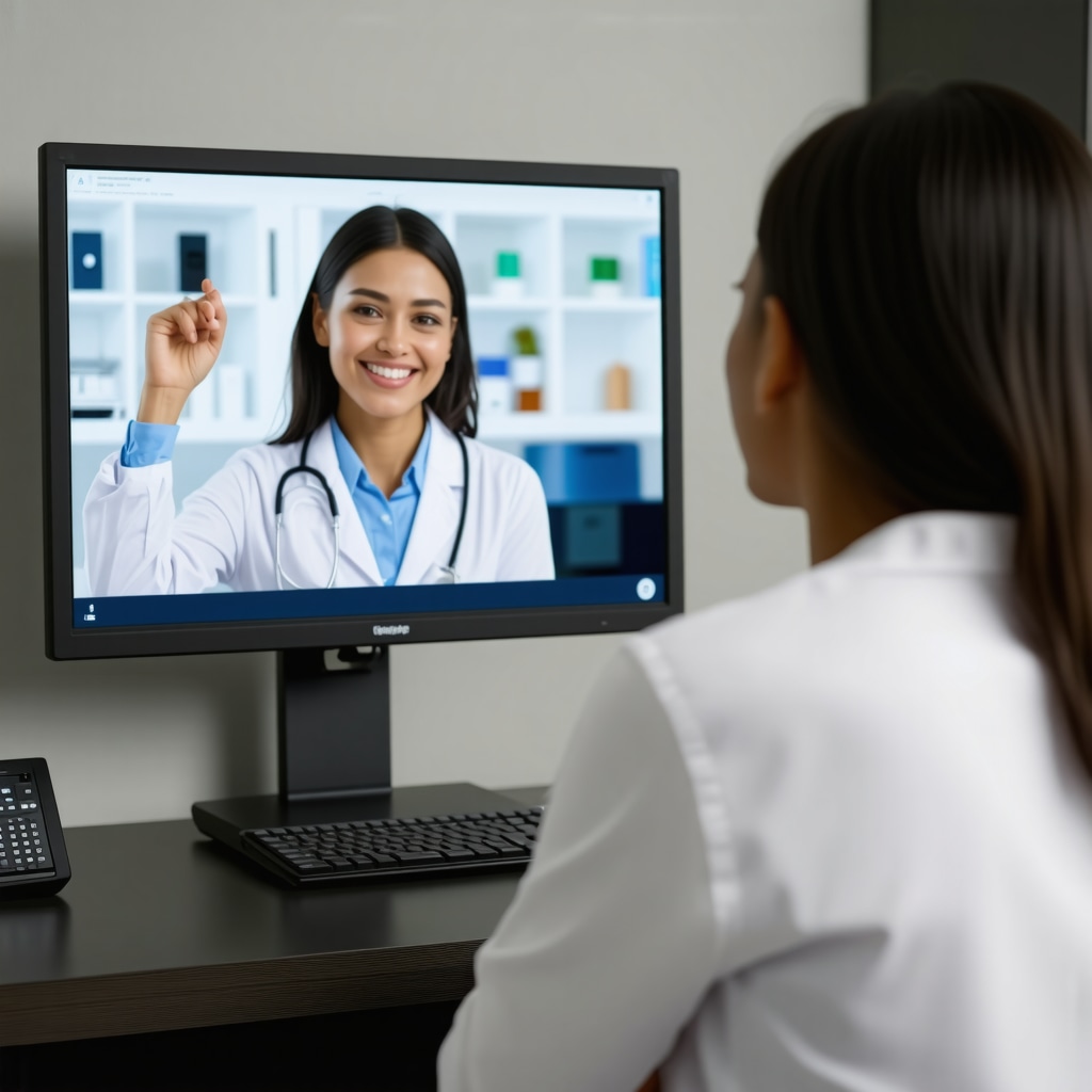 Healthcare professional conducting telemedicine consultation with patient on screen.