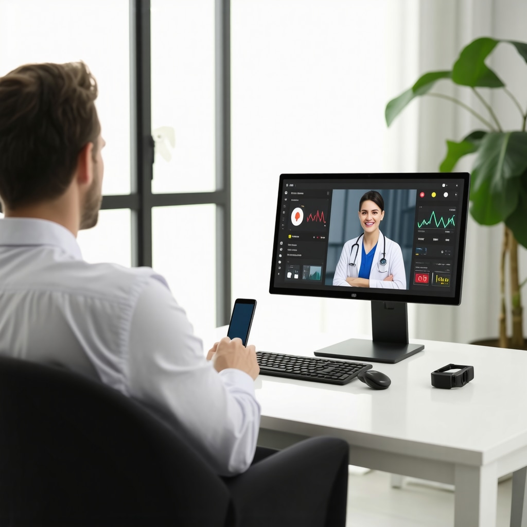 Patient consulting doctor virtually with wearable devices and AI health analytics displayed on screen