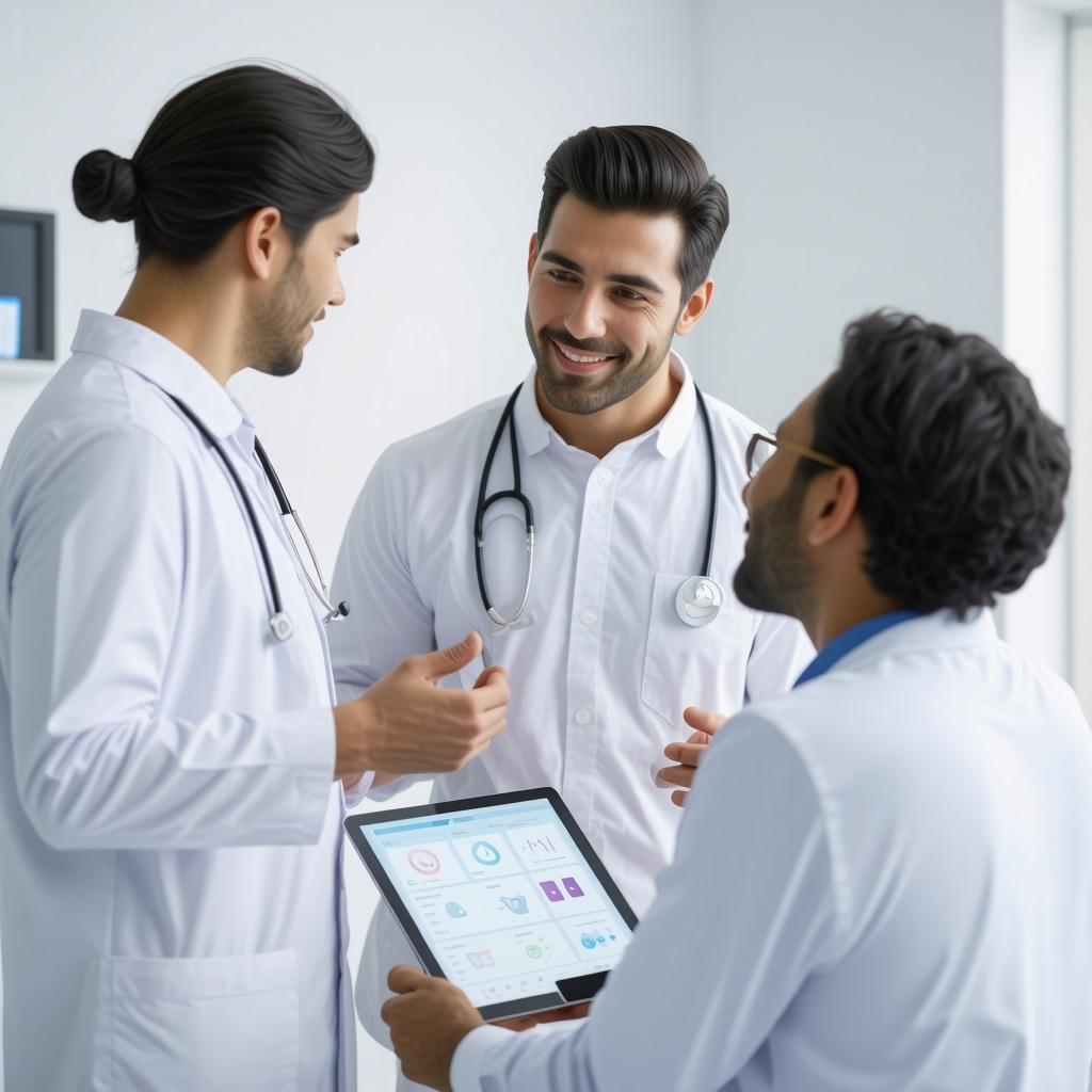 Healthcare professional reviewing biometric data on digital devices during a telemedicine consultation.