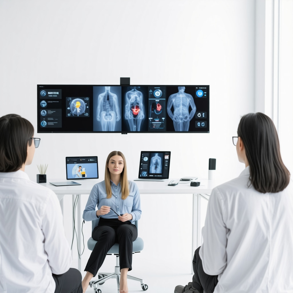 A futuristic telemedicine consultation with digital health devices and healthcare professionals discussing weight loss in a high-tech clinic.
